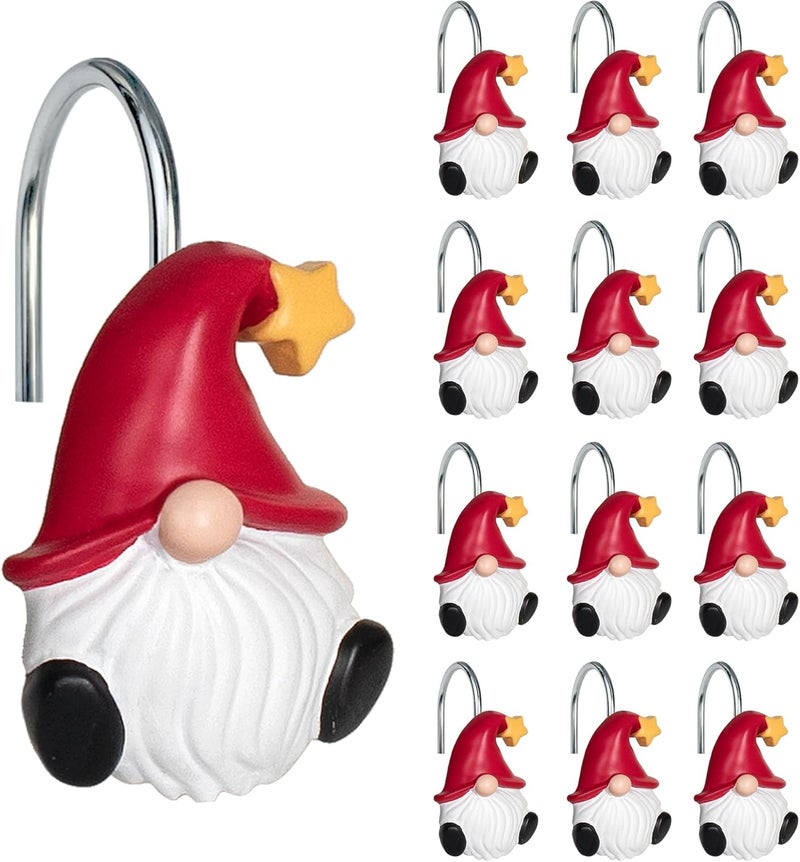 Sunlit Christmas Shower Curtain Hooks, Gnome Shower Curtain Rings, Hand Painted Resin Christmas Decor, Winter Bathroom Decoration, Red Hat with Yellow Star, Set of 12 - Image 1